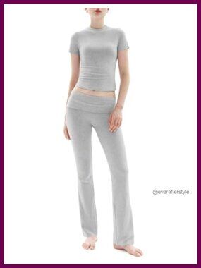 2 Piece Lounge Set Short Sleeve Top & Fold-Over Flare Pants Casual Outfit